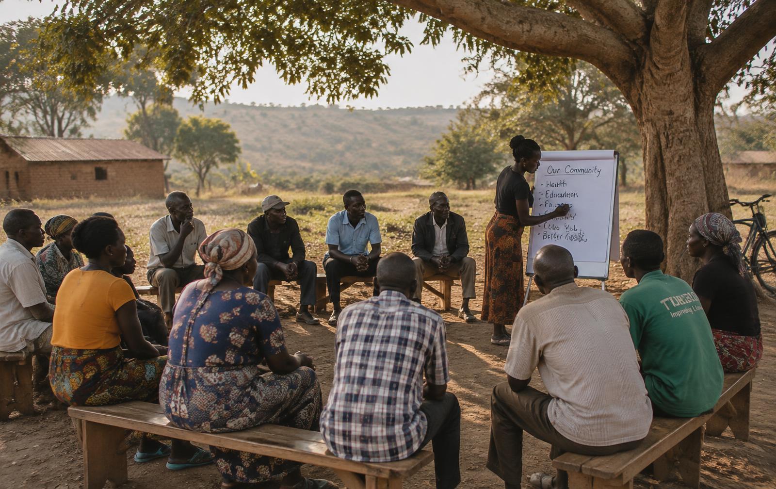 Community members seated on benches under a large tree while a facilitator writes on a flipchart