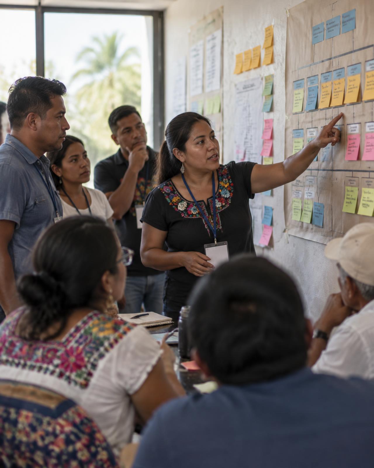 A facilitator points to a results framework of coloured cards on a wall while workshop participants follow the discussion